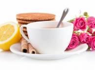 Девушка Розы розы, чашка чая, печенье, лимон обои рабочий стол