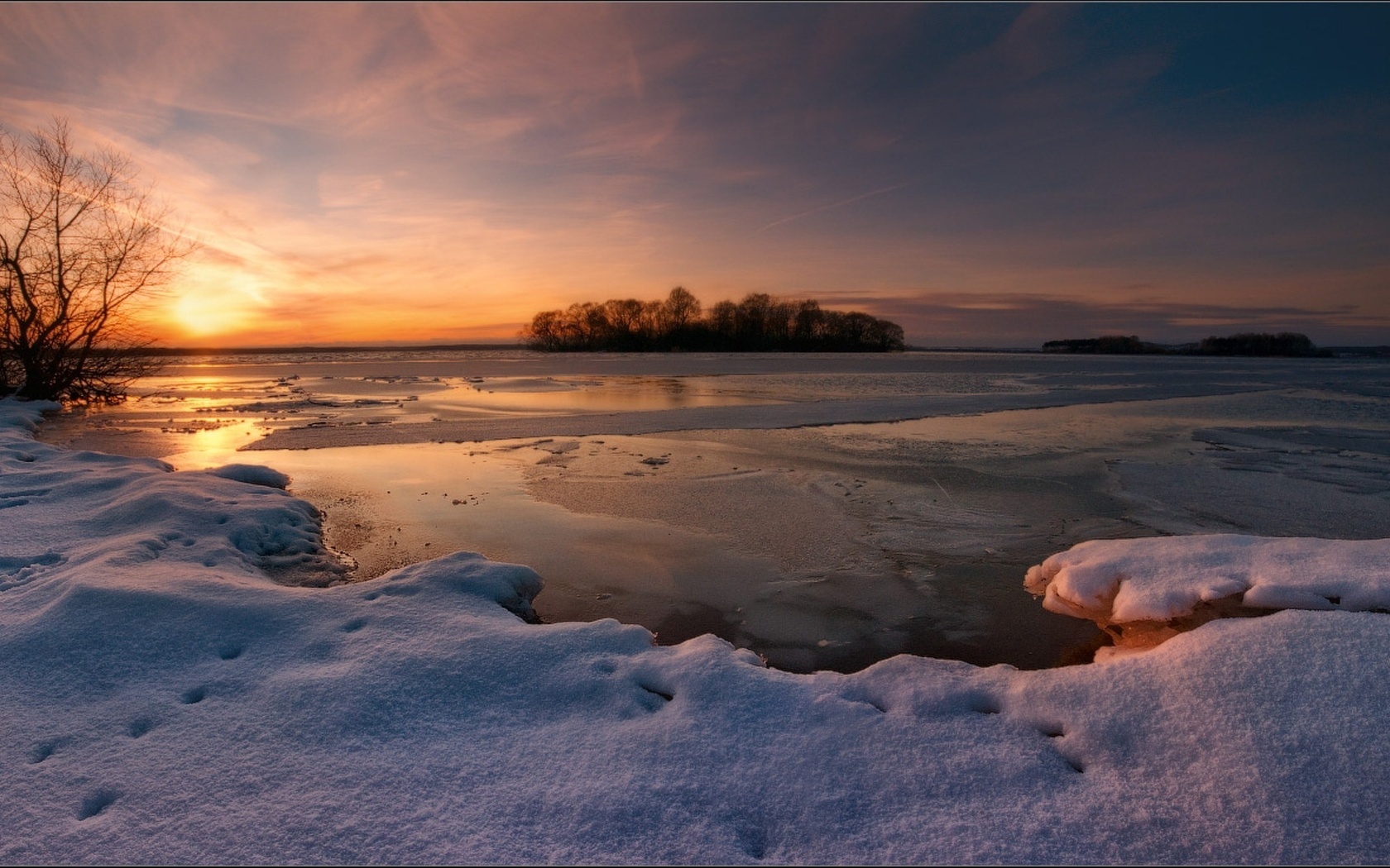 Природа, пейзаж Зима снег, закат, озеро, вечер красивые обои рабочий стол