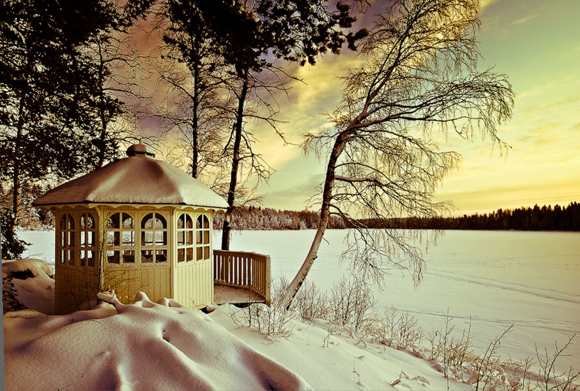 Природа, пейзаж Зима снег, деревья, беседка красивые обои рабочий стол