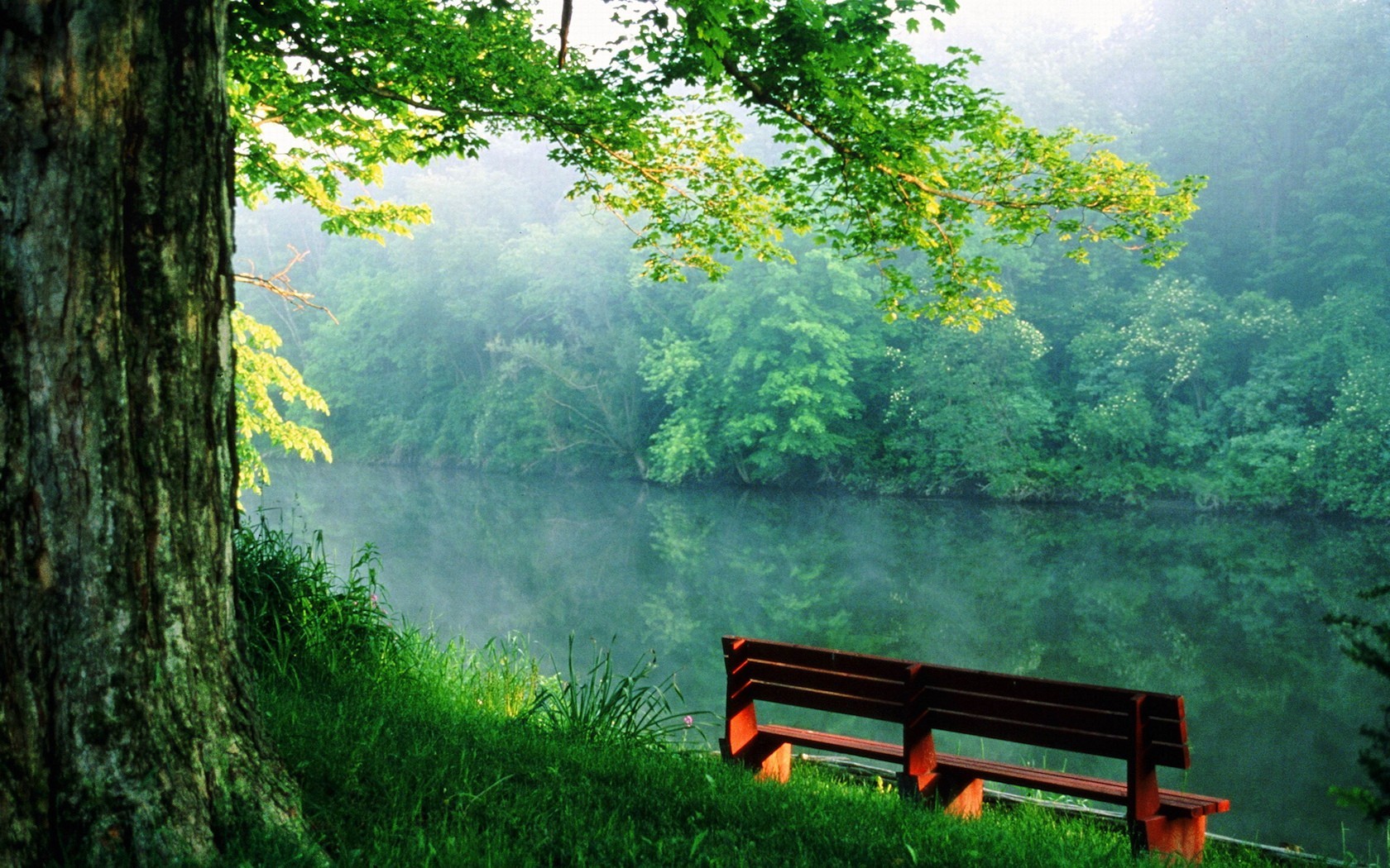 Природа, пейзаж Реки, озера скамейка, река, спокойствие красивые обои рабочий стол