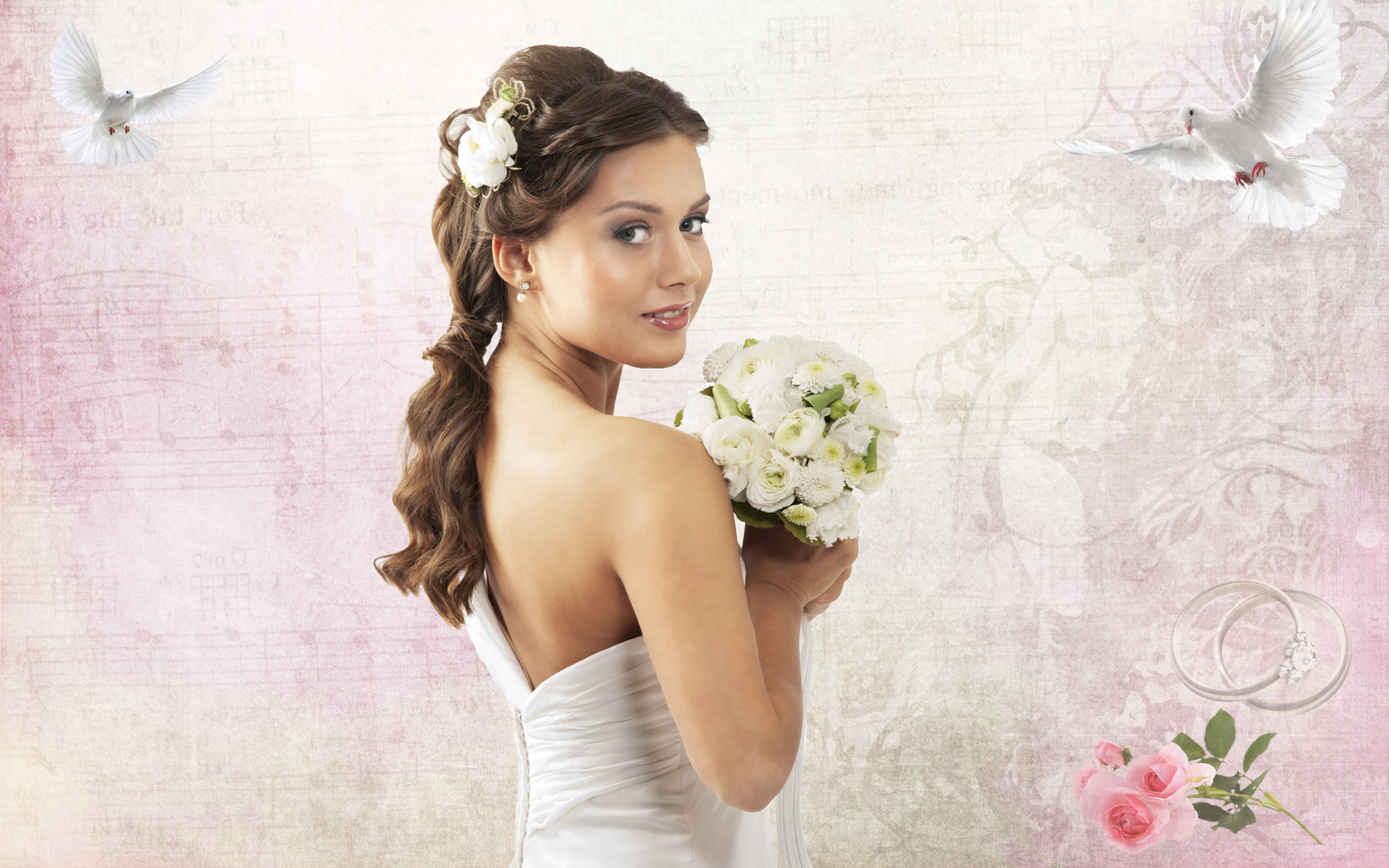  Цветы Девушка, свадебный, букет, кольца, голуби, розы картинка, обои рабочий стол